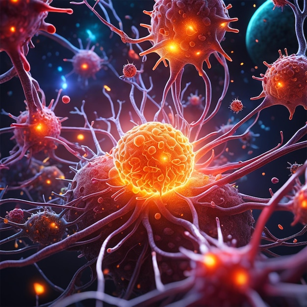 Le cerveau humain comme un réseau de neurones clignotant des faisceaux laser affichés comme des étoiles et des galaxies bactéries virus