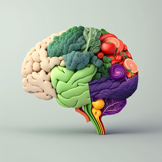 Cerveau humain composé de légumes et de fruits frais Illustration de l'IA générative