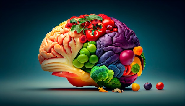 Cerveau humain composé d'une variété de légumes colorés concept de nutrition saine végétalienne végétarienne AI générative