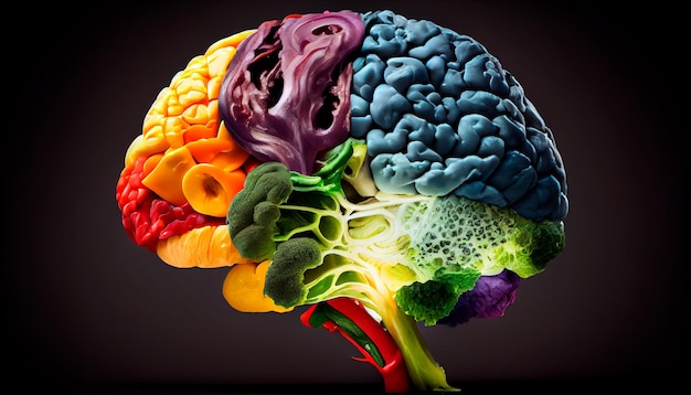 Cerveau humain composé d'une variété de légumes colorés concept de nutrition saine végétalienne végétarienne AI générative