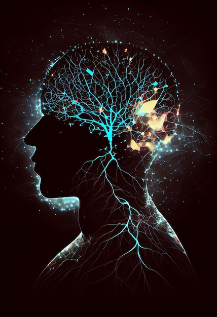 Le cerveau humain et les connexions neuronales dans une silhouette lumineuse générée par l'IA