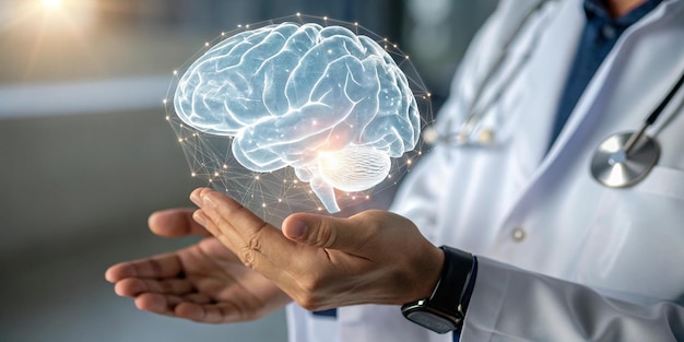 un cerveau humain étant tenu devant un cerveau humain