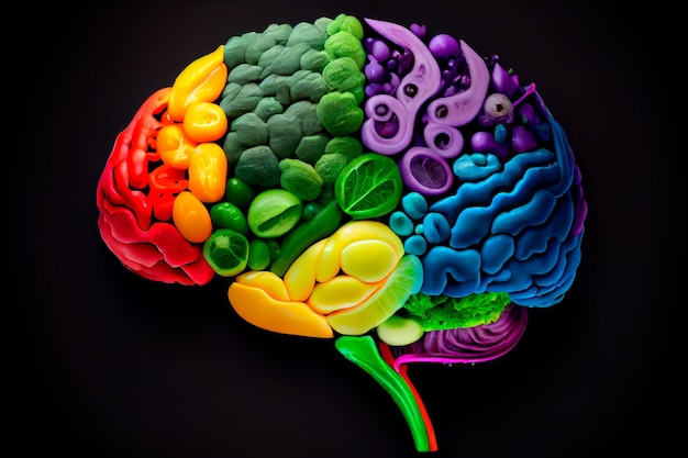 Cerveau humain fabriqué à partir de fruits et légumes Le concept d'aliments nutritifs pour la santé du cerveau et la mémoire AI générative