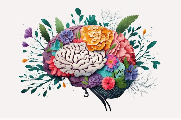 Cerveau humain fait avec des fleurs dans le concept de santé mentale et de soins personnels