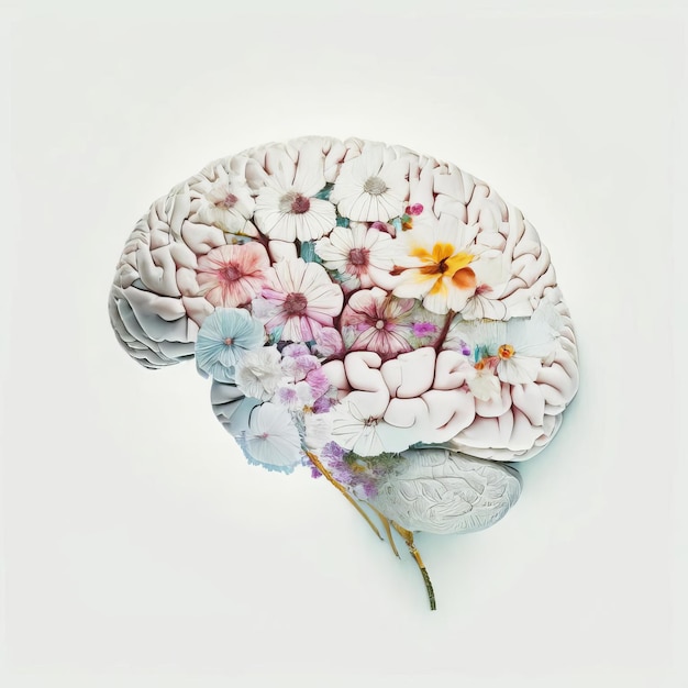 Cerveau humain avec des fleurs illustrant la fantaisie humaine et la santé mentale Concept créatif généré par l'IA