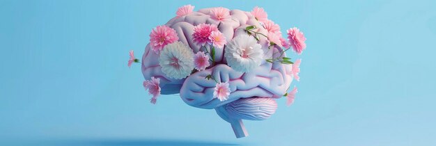 Le cerveau humain avec des fleurs isolées sur un fond bleu