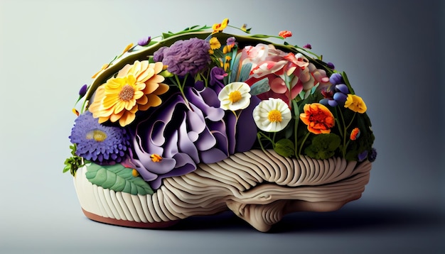 Cerveau humain avec des fleurs de printemps symbolisant l'IA mentale générée