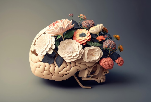 Cerveau humain avec des fleurs santé conceptuelle ai
