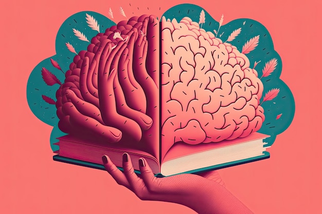 Cerveau humain sur un livre et un fond de couleur Concept abstrait minimal de lecture ou d'éducation de l'intelligence de la culture scolaire Chargeur pour l'idée du cerveau AI générative