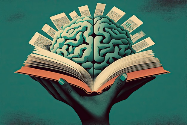 Cerveau humain sur un livre et un fond de couleur Concept abstrait minimal de lecture ou d'éducation de l'intelligence de la culture scolaire Chargeur pour l'idée du cerveau AI générative