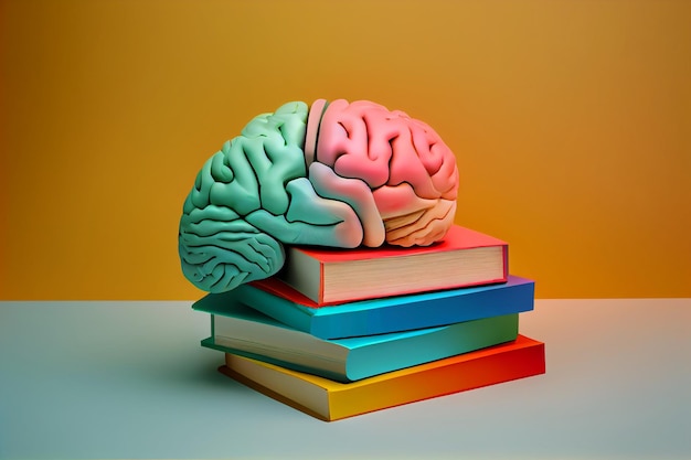 Cerveau humain avec des livres d'auto-soins et de santé mentale concept attitude positive esprit créatif Générer Ai