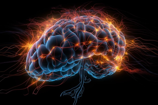 Cerveau humain lumineux numérique avec impulsions nerveuses électriques générées par l'IA