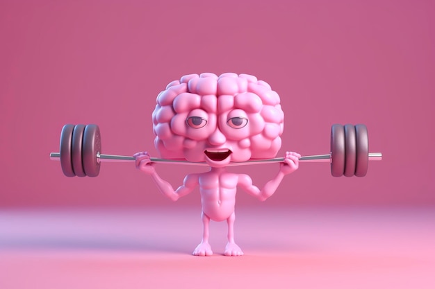 Cerveau humain soulevant des poids Cerveau 3D soulevant un haltère lourd Entraînement mental Santé de la mémoire Prévention de la maladie d'Alzheimer Entraînement cérébral Éducation Étude et concept de santé mentale Généré par l'IA