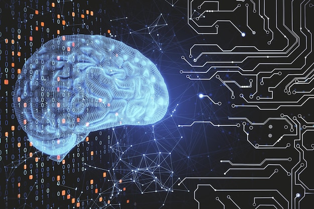 Cerveau d'IA bleu numérique sur fond de connexion polygonale