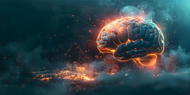 Le cerveau illuminé dans l'obscurité symbolisant les fonctions cognitives complexes et l'IA dans les sciences cognitives Concept Sciences cognitives Symbolisme du cerveau AI Illumination de l'esprit Complexité