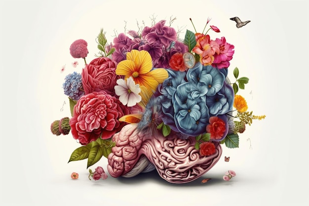 Cerveau avec illustration de fleurs Concept d'esprit créatif créé avec l'IA générative