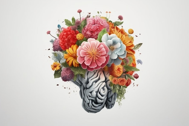 Cerveau avec illustration de fleurs Concept d'esprit créatif créé avec l'IA générative