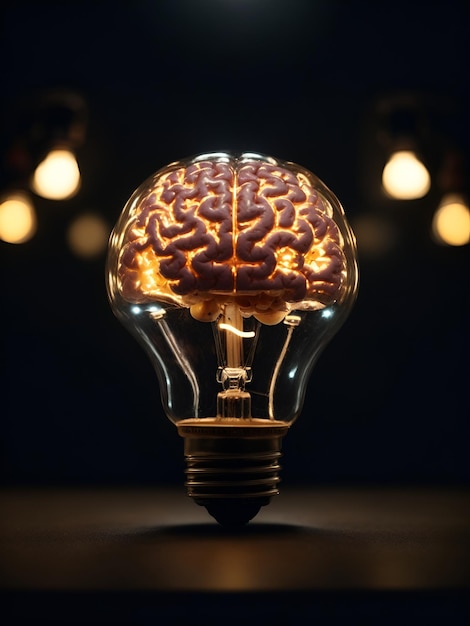 un cerveau à l'intérieur d'une ampoule brille vivement sur un fond sombre généré par l'IA
