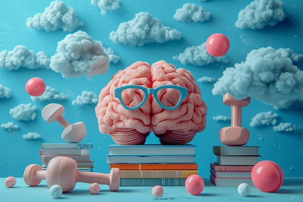 Un cerveau avec des lunettes tenant des haltères de livres à côté de piles de livres et de fournitures pédagogiques