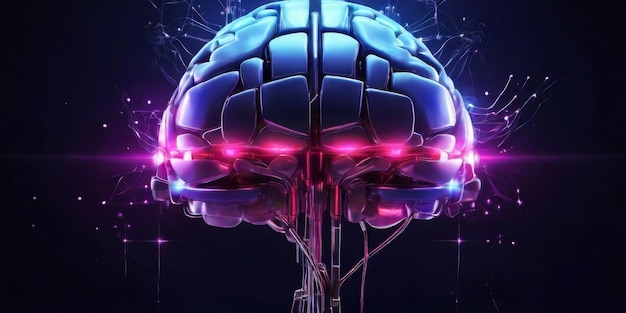 cerveau métallique électronique avec des néons roses sur un fond abstrait noir