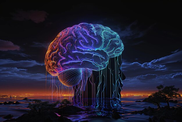 Cerveau de minuit Peinture captivante d'un cerveau géant sous un ciel étoilé IA générative