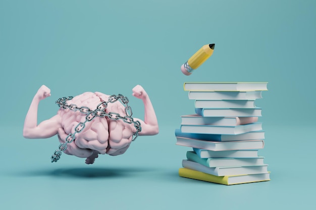 Le cerveau ne veut pas accepter la science un cerveau avec des mains pompées enchaînées à côté de livres