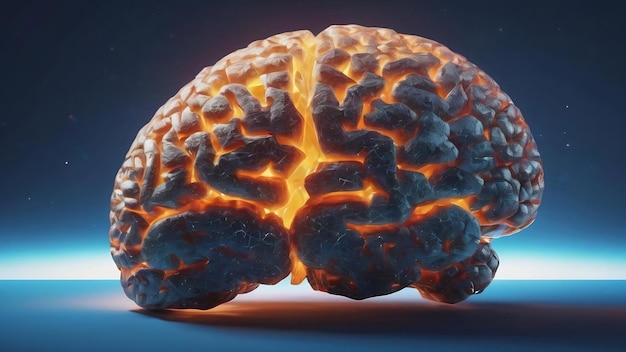 Cerveau polygonal brillant créatif sur fond bleu ai et futur concept rendu 3D