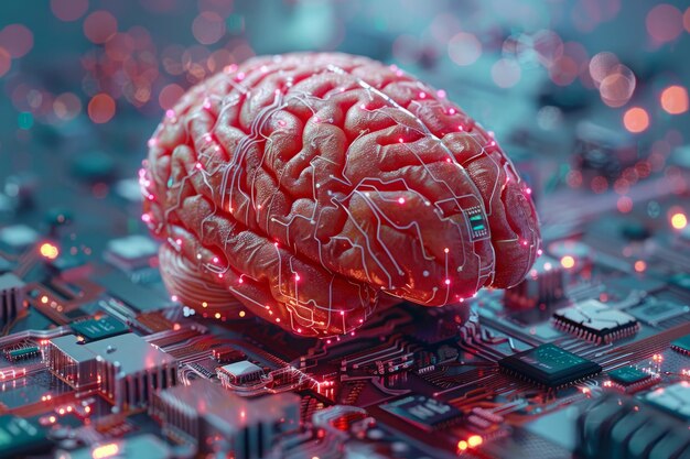 Un cerveau avec une puce sur un circuit imprimé