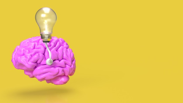 Le cerveau rose et l'ampoule sur fond jaune pour un rendu 3d de concept créatif ou d'idée