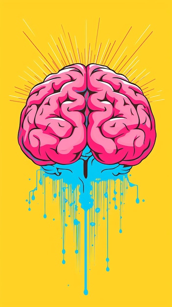 un cerveau rose avec de la peinture bleue qui coule