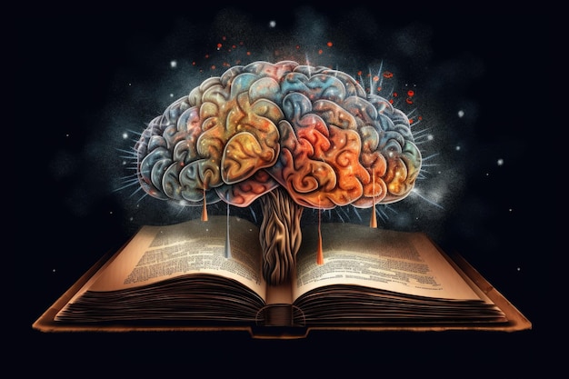 Un cerveau en sortant d'un livre ouvert avec ses racines connectées au livre