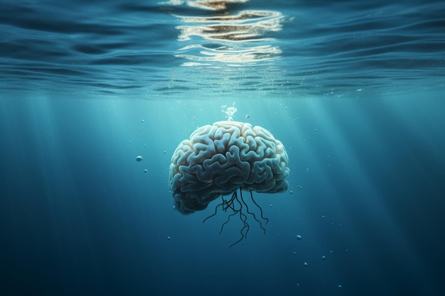 cerveau submergé sous l'eau illustrant des pensées profondes