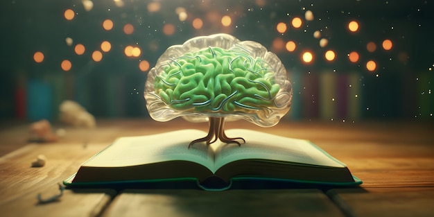 Photo un cerveau vert au-dessus d'un livre