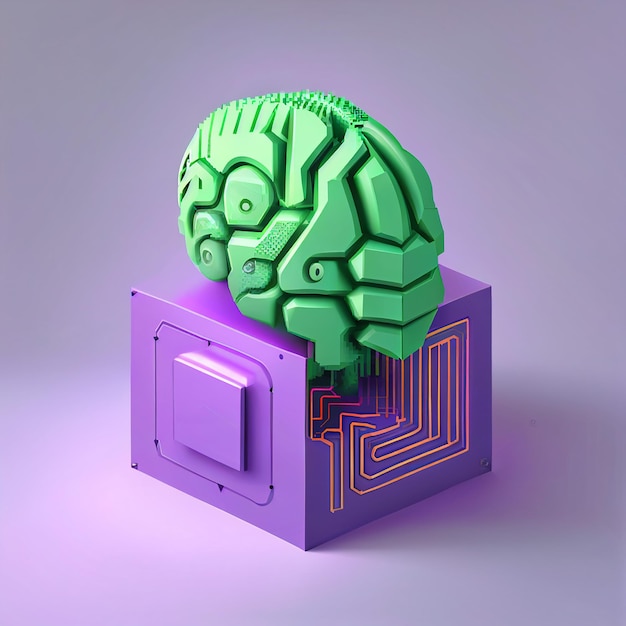 Un cerveau vert est sur une boîte violette avec une boîte violette.