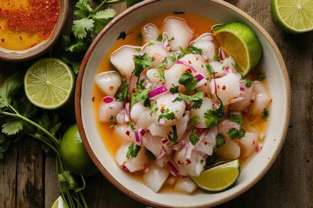 Photo ceviche classique dans un bol avec des fruits de mer tendres marinés avec du jus de citron vert et surmontés d'herbes fraîches et d'oignons