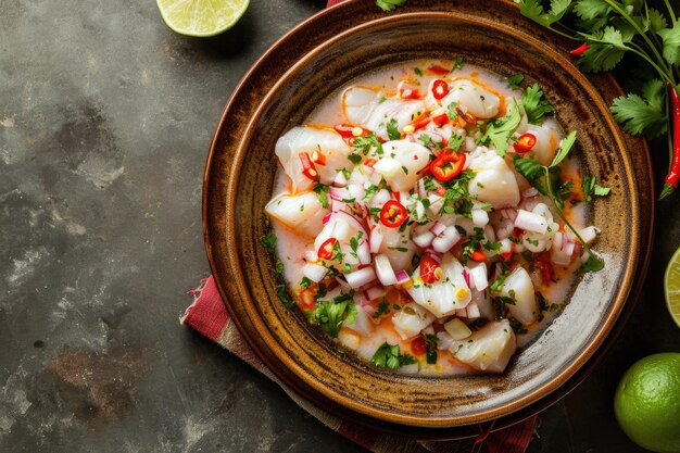 Photo ceviche classique dans un bol avec des fruits de mer tendres marinés avec du jus de citron vert et surmontés d'herbes fraîches et d'oignons