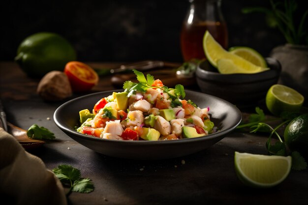 Ceviche épicée avec des morceaux de poisson mariné jus d'agrumes herbes épices légumes générés par l'IA