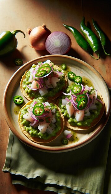 Ceviche frais sur des toastades vertes avec des herbes