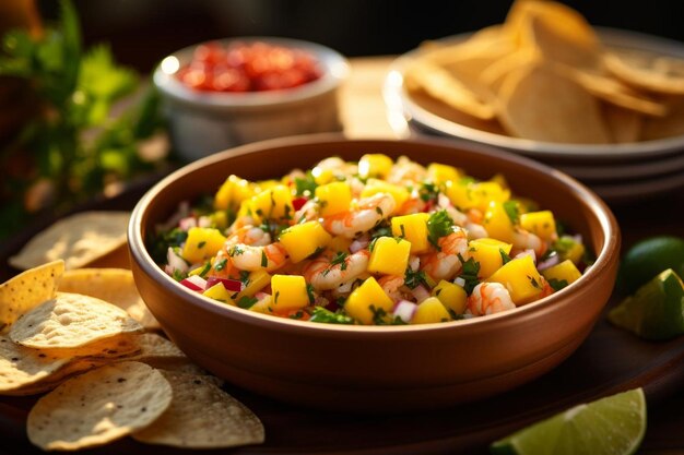 Un ceviche à la mangue et aux crevettes servi dans un bol décoratif