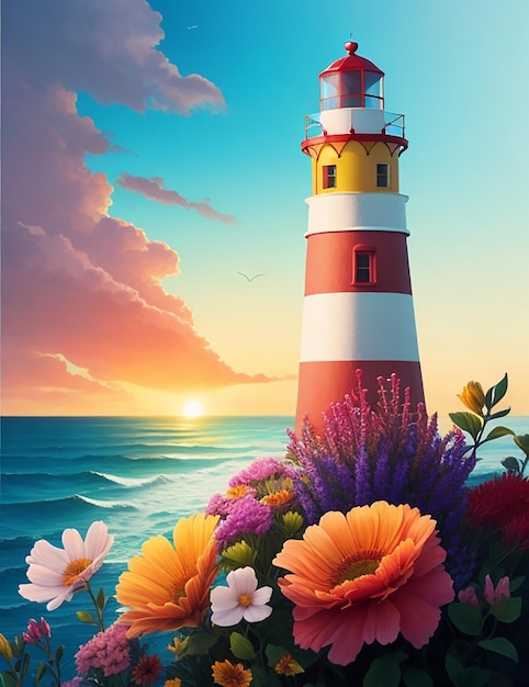 CF 09 _ Phare multicolore avec fond fleuri et soleil