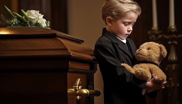 Photo le chagrin poignant d'un jeune enfant à un enterrement en serrant un ours en peluche