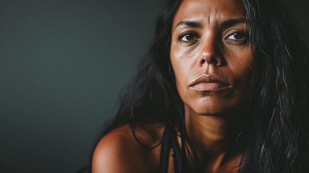 Les chagrins embrassent une femme aborigène australienne reflétant la tristesse et le chagrin isolés contre un fond solide avec un espace de copie