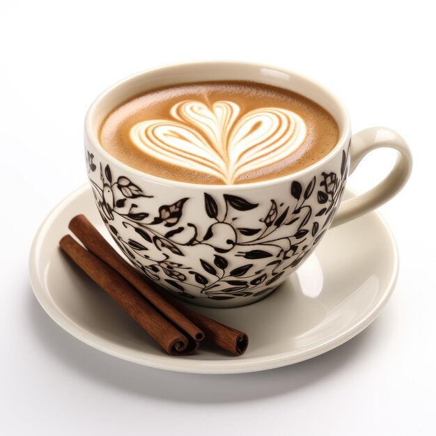 Chai latte à la vanille dans une tasse à motif de gousse de vanille isolée sur fond blanc