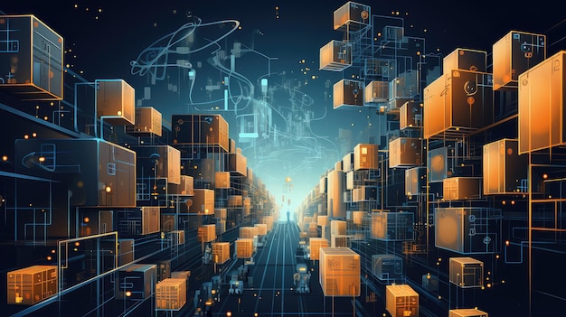 La chaîne d'approvisionnement d'intelligence artificielle illustration d'usine entrepôt d'ingénierie numérique iot logiciel intelligence de la chaîne d'alimentation IA artificielle générée