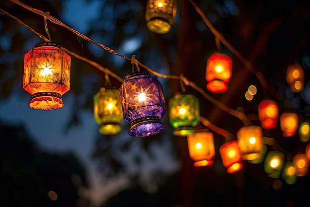 une chaîne de lanternes colorées la nuit