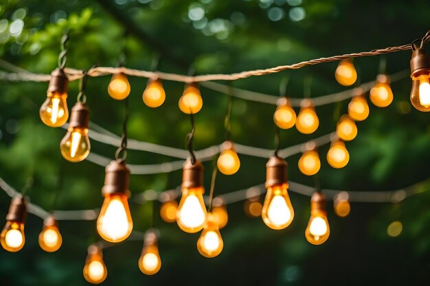 Une chaîne de lumières accrochée à un arbre.