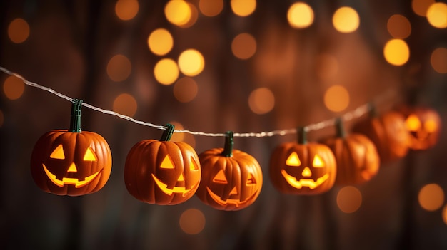 Une chaîne de lumières d'halloween avec des lanternes jack'o suspendues