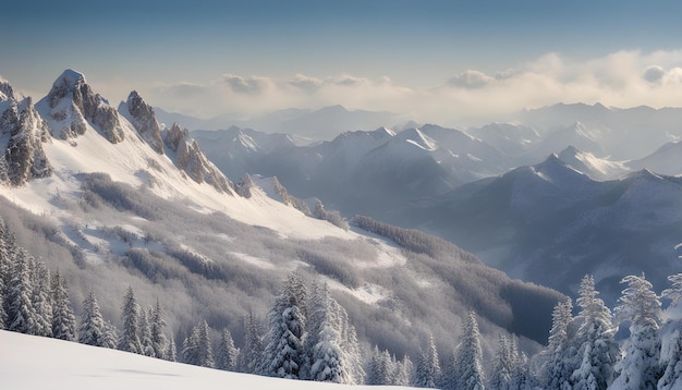 une chaîne de montagnes avec des arbres et des montagnes couverts de neige en arrière-plan