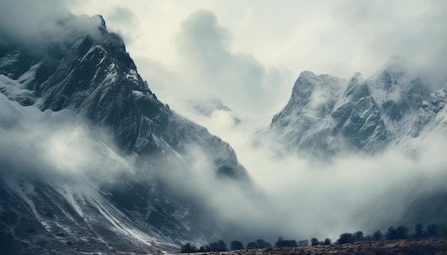 Une chaîne de montagnes brumeuse entourée de nuages et de brouillard