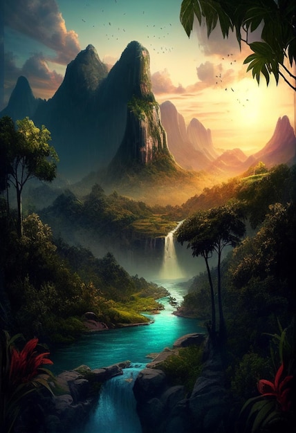 Chaîne de montagnes avec des cascades de forêts au coucher du soleil générée par l'IA